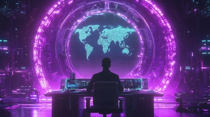 Poster - Futuristic Control Room with Digital World Map in Neon Colors