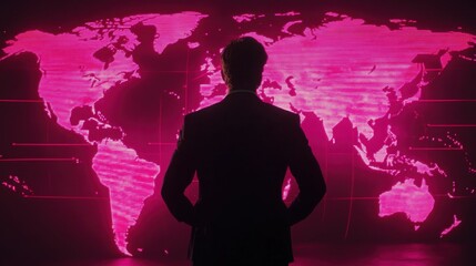 Poster - Business Professional Facing Digital World Map in Neon Pink Glow