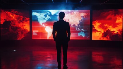 Poster - Businessman Facing Digital World Map in Dramatic Red Environment
