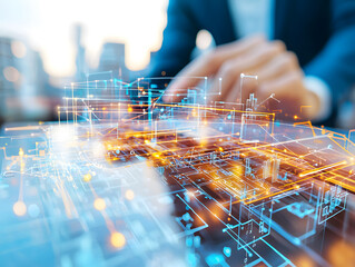 Poster - Digital innovation in business modern office technology infographic urban environment close-up view data visualization