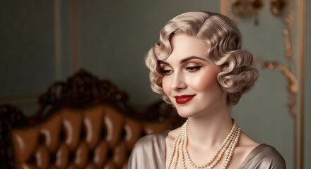 Elegant 1920s-inspired caucasian female with vintage hairstyle and pearls in luxurious setting