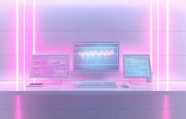 Poster - Futuristic workspace with dual monitors digital interface modern office neon lighting tech concept