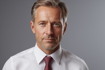 blond man in white shirt and red tie looking at camera