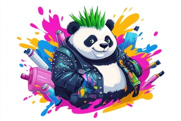 Wall Mural - A punk-styled panda with green hair, surrounded by colorful spray paint cans.