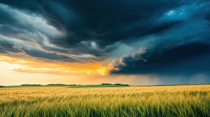 Poster - A dramatic display of storm clouds gathering over a tranquil wheat field at sunset, angled shot, Dramatic style