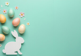 Wall Mural - Colorful easter eggs and a white bunny silhouette create a cheerful border on a turquoise background, offering ample copy space for holiday greetings