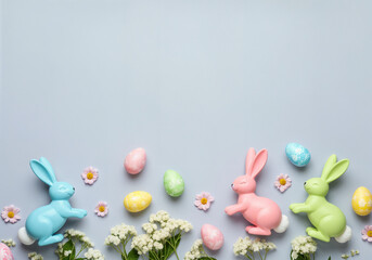 Wall Mural - Easter bunnies and colorful eggs arranged on pastel blue background creating a festive border with copy space
