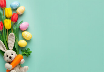Wall Mural - knitted easter bunny holding a carrot with colorful easter eggs and tulips on a turquoise background