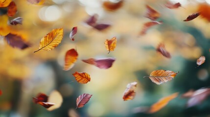 Poster - A dynamic composition of colorful autumn leaves swirling in the wind against a blurred forest background, angled shot, Romantic style