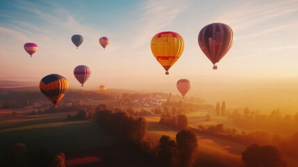 Poster - A dynamic composition of colorful hot air balloons floating over a picturesque countryside at sunrise, aerial shot, Romantic style