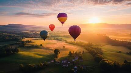 Poster - A dynamic composition of colorful hot air balloons floating over a picturesque countryside at sunrise, aerial shot, Romantic style