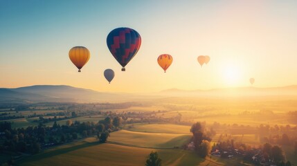 Poster - A dynamic composition of colorful hot air balloons floating over a picturesque countryside at sunrise, aerial shot, Romantic style