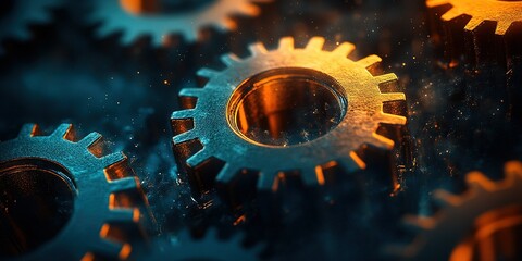 Poster - Close-up view of metallic gears in a vibrant, illuminated environment highlighting their intricate details and textures