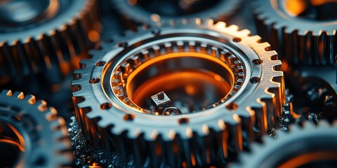 Poster - Intricate gears with glowing elements showcase advanced engineering and mechanical design in a close-up view