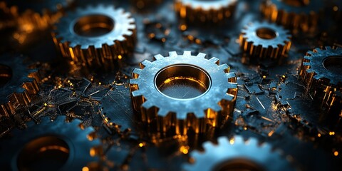Poster - Intricate arrangement of golden gears in a mechanical design showcasing technology and engineering
