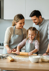 Wall Mural - Smiling parents helping their daughter rolling dough with rolling pin, teaching her baking skills