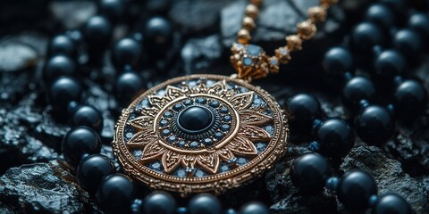 Poster - Elegant vintage necklace with intricate design and black beads displayed on textured black rocks