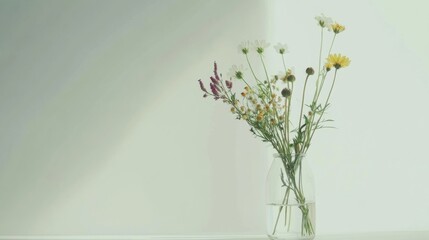 Poster - Minimalist still life of wildflowers in a clear glass vase with ample space for text and artistic presentation. Generative AI