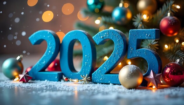 3d letters 2025 with blue color on show, happy new year and christmas tree with new concept background