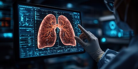 Poster - Medical professional analyzing digital lung model in a high-tech research facility