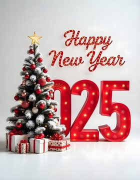 3d letters 2025 with blue color on show, happy new year and christmas tree with new concept background