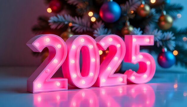 3d letters 2025 with blue color on show, happy new year and christmas tree with new concept background