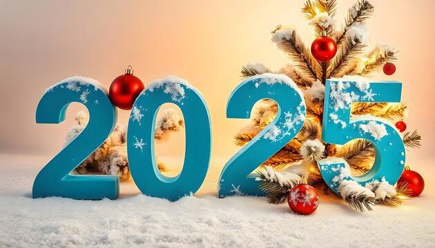 3d letters 2025 with blue color on show, happy new year and christmas tree with new concept background