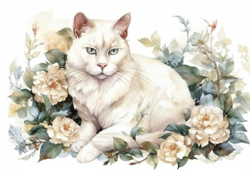 Wall Mural - beautiful fluffy white cat and flowers on a white background. 