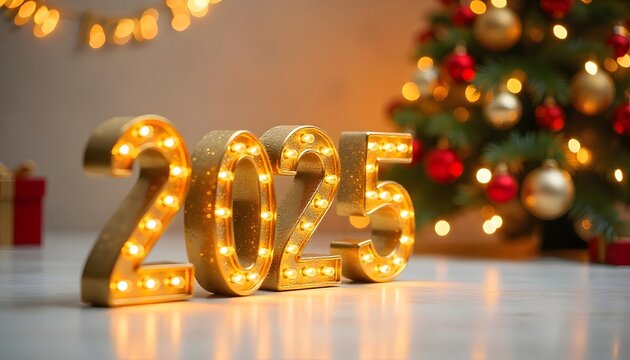 3d letters 2025 with blue color on show, happy new year and christmas tree with new concept background
