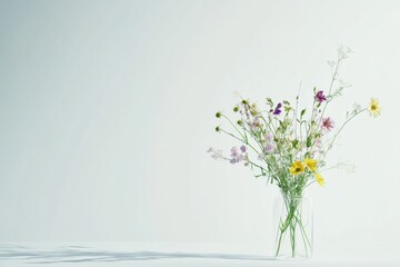 Aufkleber - Minimalist still life of wildflowers in clear glass vase with ample space for text and creative designs. Generative AI