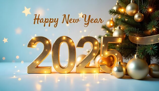 3d letters 2025 with blue color on show, happy new year and christmas tree with new concept background