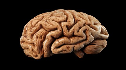 Poster - Detailed 3D render of a human brain, showcasing its intricate gyri and sulci against a black background.