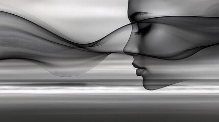 Wall Mural - minimalist double exposure of a person’s face combined with smooth, abstract lines, blending into the muted background of a tranquil ocean horizon. [abstract]:[background] 