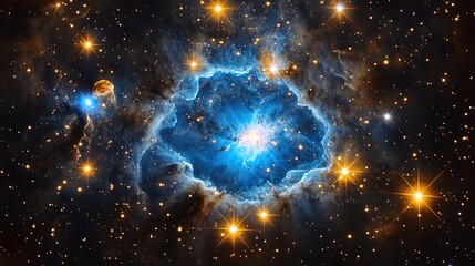 Vibrant blue nebula illuminated by distant stars in deep space