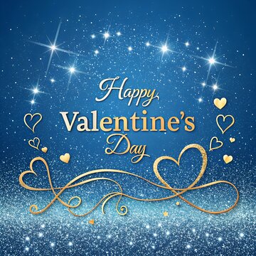 Blue background and golden lettering wishing a Happy valentines day