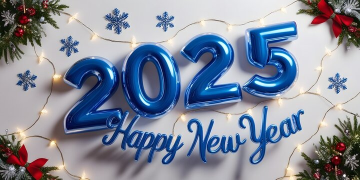 3d letters 2025 with blue color on show, happy new year and christmas tree with new concept background