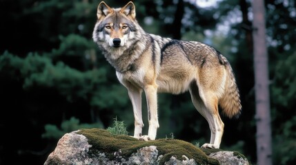  A majestic gray wolf stands alert on a moss-covered rock, its fur blending with the muted greens and browns of the forest background.