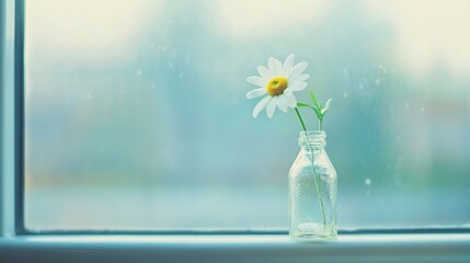 Poster - A minimalist composition of a single daisy in a glass bottle on a windowsill, close-up shot, Minimalist style