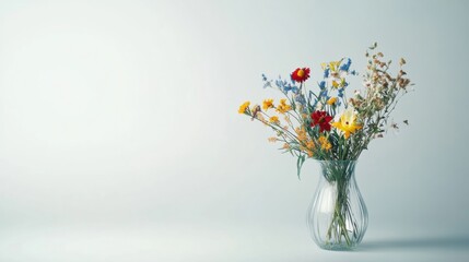 Poster - Minimalist still life of wildflowers in a clear vase with ample space for text. Generative AI