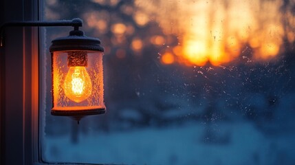 Wall Mural - Warm glow of a lamp through a frosty window on a winter evening