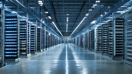 Poster - Rows of illuminated servers in a modern data center