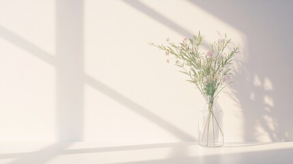 Poster - Minimalist still life of wildflowers in a clear glass vase on a sunlit surface with elegant shadows. Generative AI