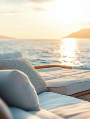 Aufkleber - Luxury yacht deck offering tranquil views of sunset over the ocean with comfortable outdoor seating arrangements. Generative AI