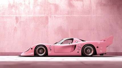 Pink Sports Car with Floral Design   Vintage Racecar  Retro Automobile