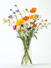 Aufkleber - Colorful wildflowers arranged in a clear glass vase on a simple background with ample space for text. Generative AI