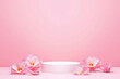Blank podium with pink roses on pink background. Showcase for product, perfume, jewelry and cosmetic presentation