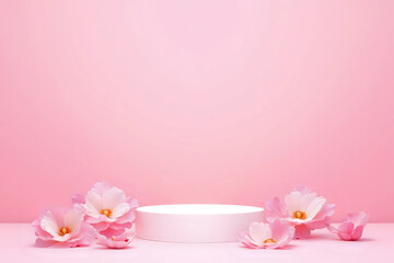 blank podium with pink roses on pink background. showcase for product, perfume, jewelry and cosmetic