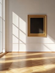 Aufkleber - Luxurious art gallery featuring a vacant frame and natural light illuminating the wooden floor. Generative AI