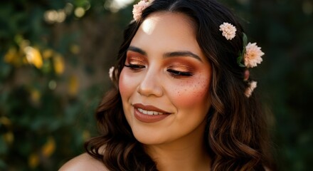 Young hispanic female with floral hair decor and warm makeup in outdoor setting