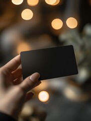 Poster - Sleek black gift card held in hand with blurred background featuring warm lights and soft textures. Generative AI